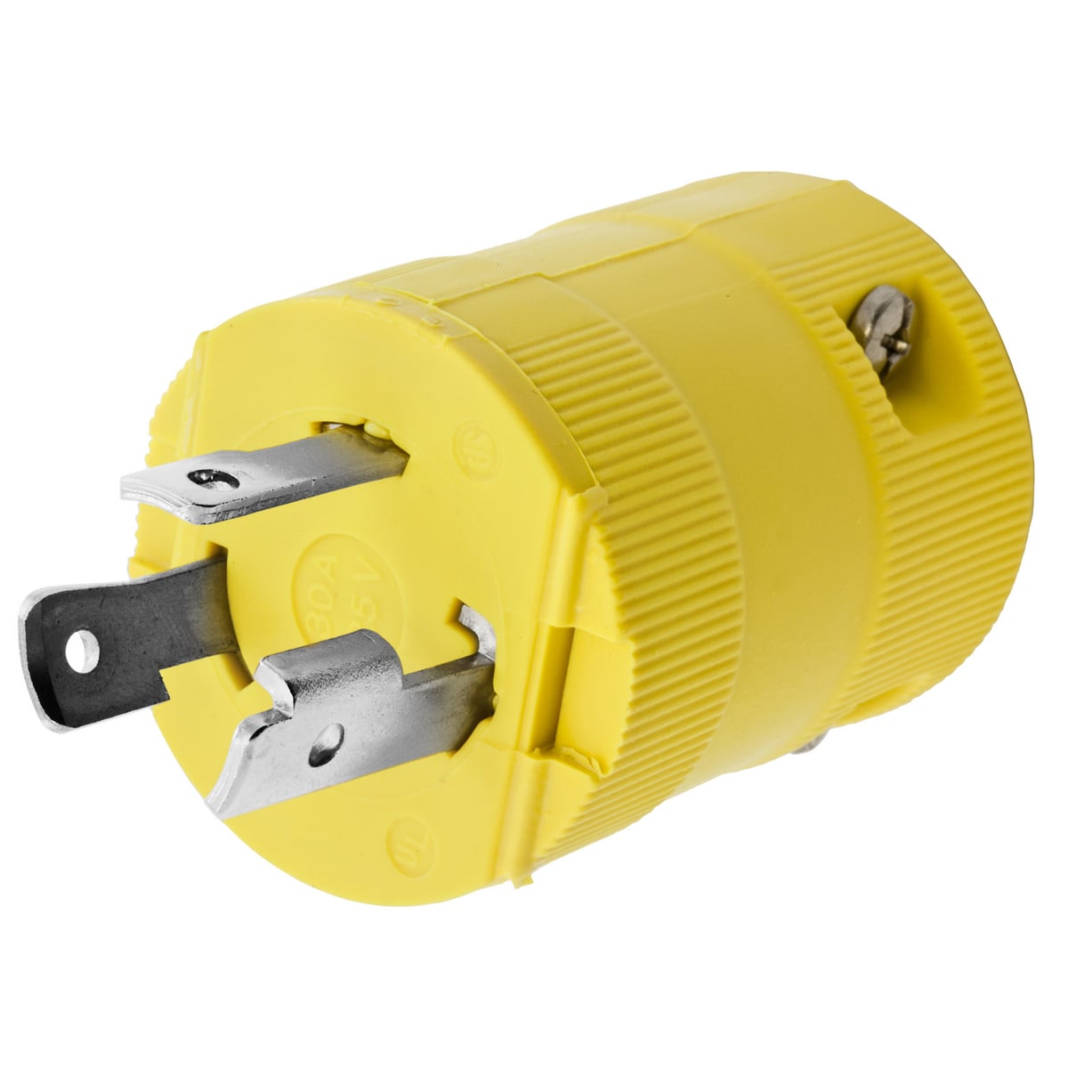 HBL26CM11V 1-Phase Corrosion Resistant Grounding Male Standard Cord Mount Locking Plug, 125 V AC, 30 A, 2 Poles, 3 Wires, Yellow