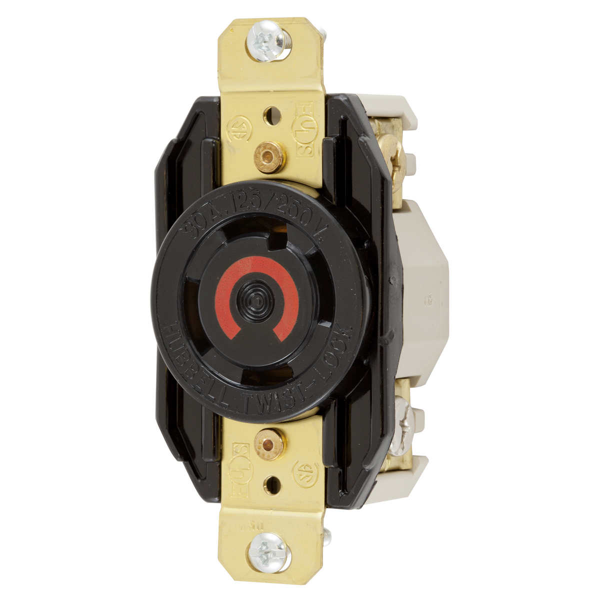 HBL2710 1-Phase Flush Mount Grounding Heavy Duty Single Screw Mount Locking Receptacle, 125/250 V AC, 30 A, 3 Poles, 4 Wires, Black