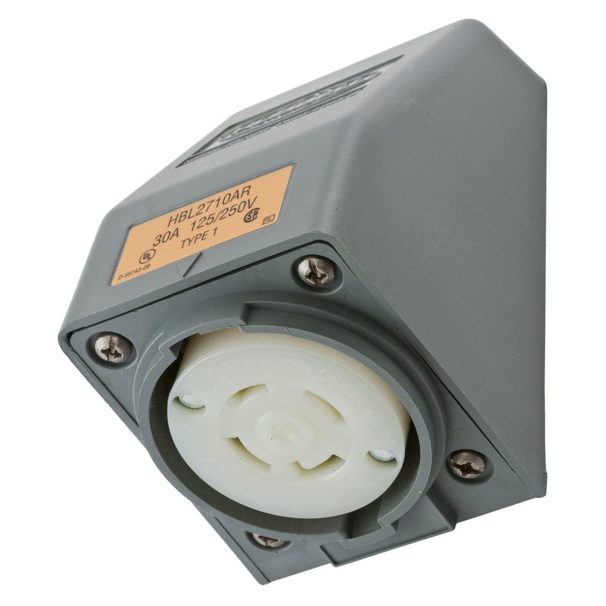 HBL2710AR 1-Phase 1-Gang Angled Grounding Heavy Duty Standard Single Screw Mount Locking Receptacle, 125/250 V AC, 30 A, 3 Poles, 4 Wires, Gray/White