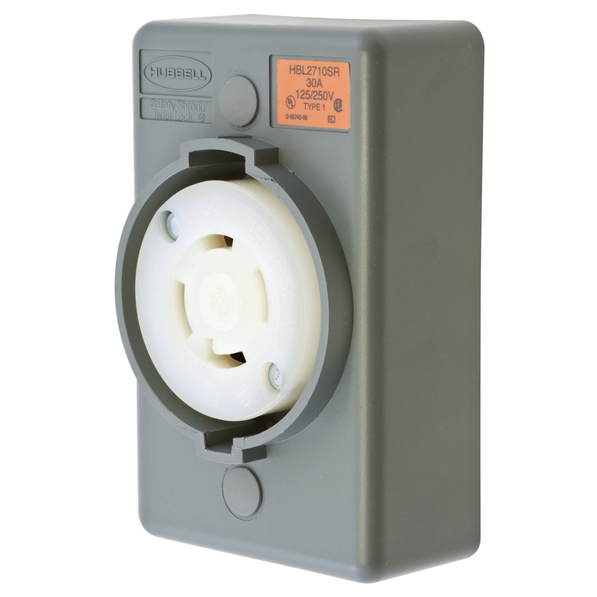 HBL2710SR 1-Phase 1-Gang Heavy Duty Grounding Standard Single Surface Mount Locking Receptacle, 125/250 V AC, 30 A, 3 Poles, 4 Wires, Gray/White