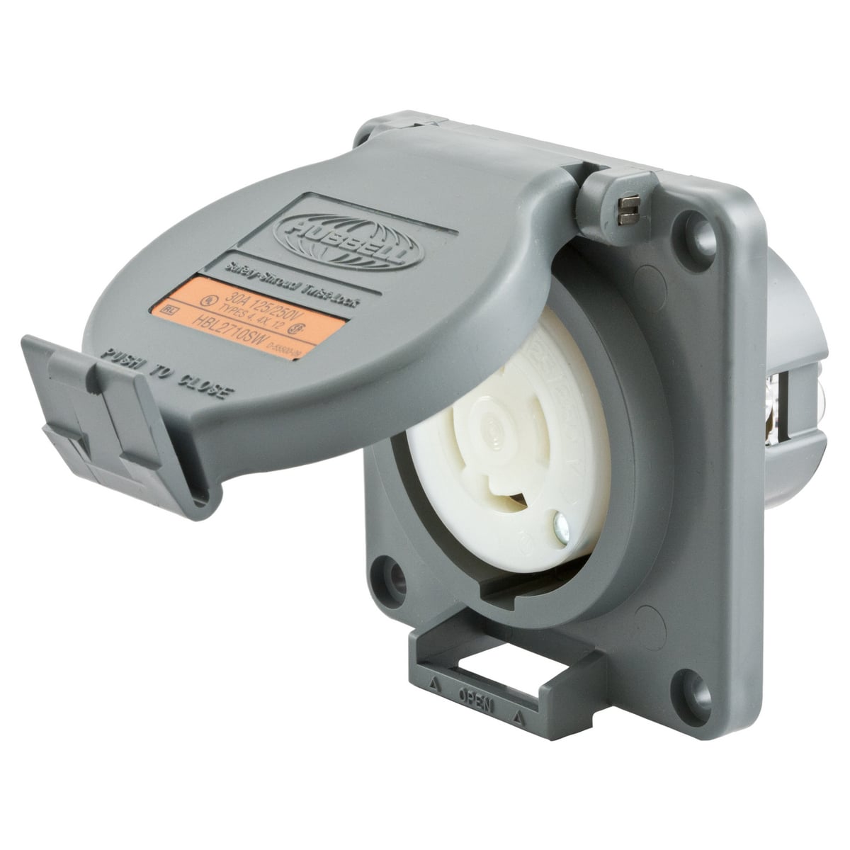 HBL2710SW 1-Phase Heavy Duty Single Watertight Screw Mount Locking Receptacle, 125/250 V AC, 30 A, 3 Poles, 4 Wires, Gray/White