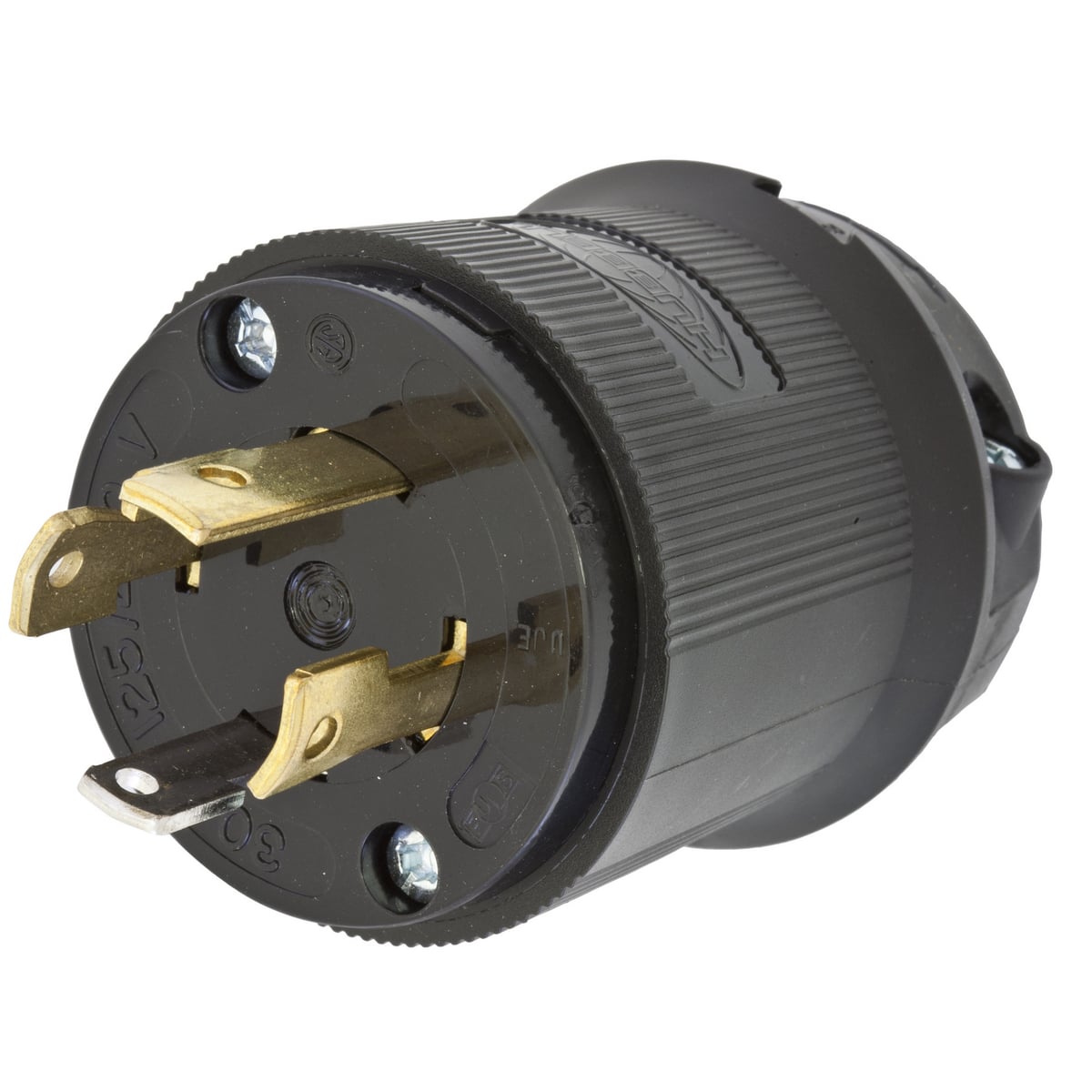 HBL2711BK 1-Phase Grounding Male Standard Cord Mount Locking Plug, 125/250 V AC, 30 A, 3 Poles, 4 Wires, Black