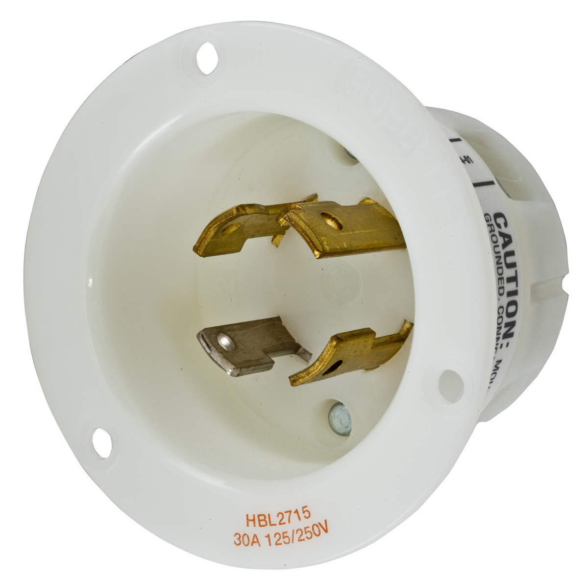 HBL2715 1-Phase Extra Heavy Duty Grounding Screw Mount Locking Flanged Inlet With Mounting Screw, 125/250 V AC, 30 A, 3 Poles, 4 Wires, White