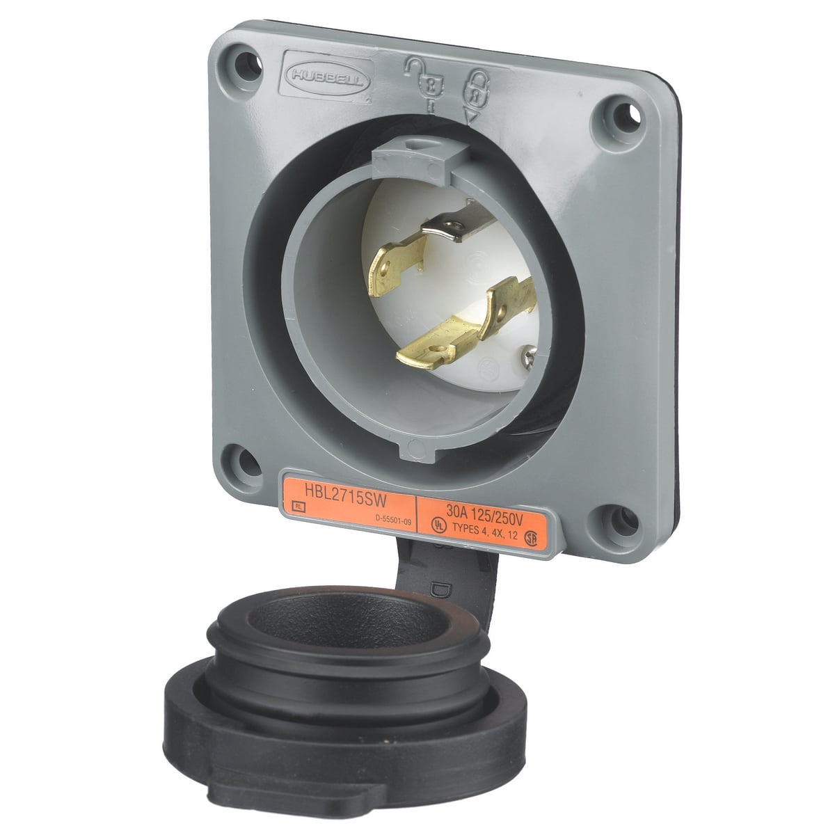 HBL2715SW 1-Phase Extra Heavy Duty Grounding Screw Mount Watertight Locking Flanged Inlet, 125/250 V AC, 30 A, 3 Poles, 4 Wires, Gray