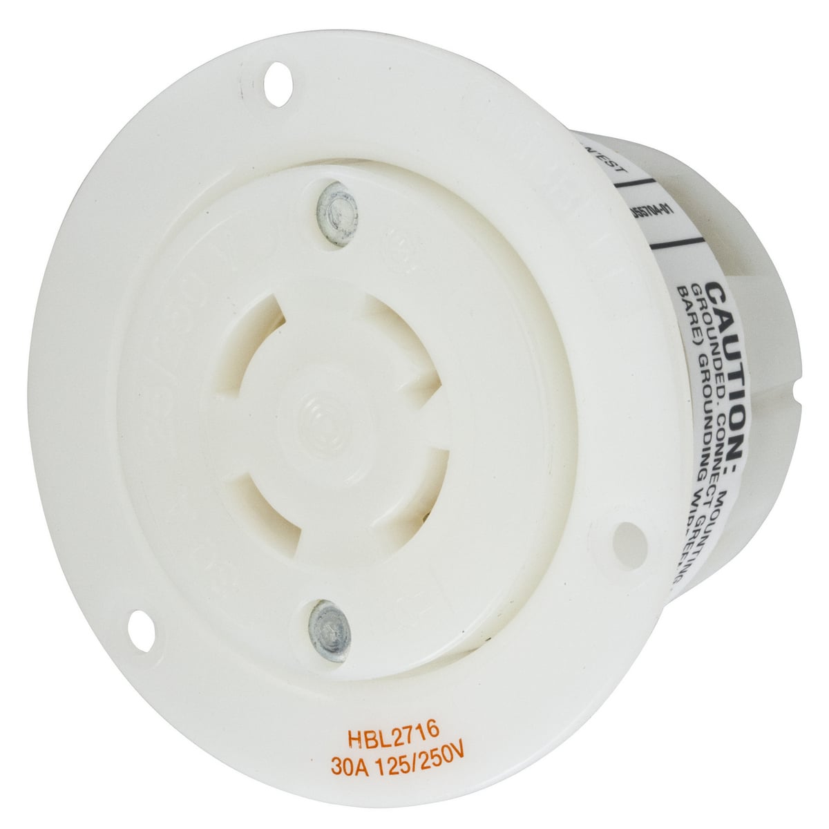 HBL2716 1-Phase Flanged Single Screw Mount Locking Receptacle, 125/250 V AC, 30 A, 3 Poles, 4 Wires, White