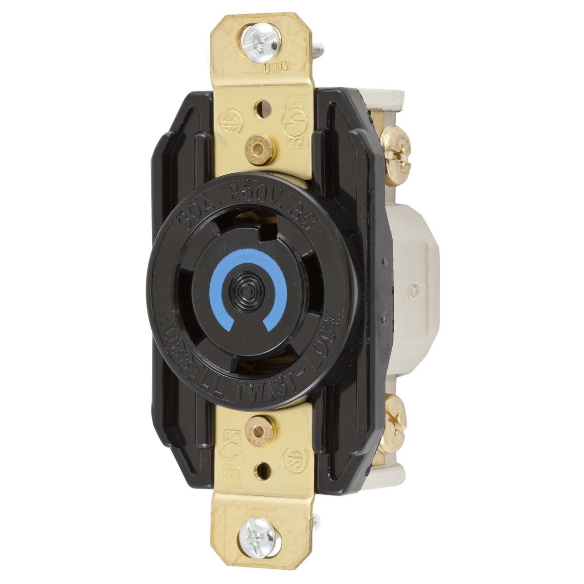 HBL2720 HBL 3-Phase Flush Mount Grounding Heavy Duty Single Screw Mount Locking Receptacle, 250 V AC, 30 A, 3 Poles, 4 Wires, Black