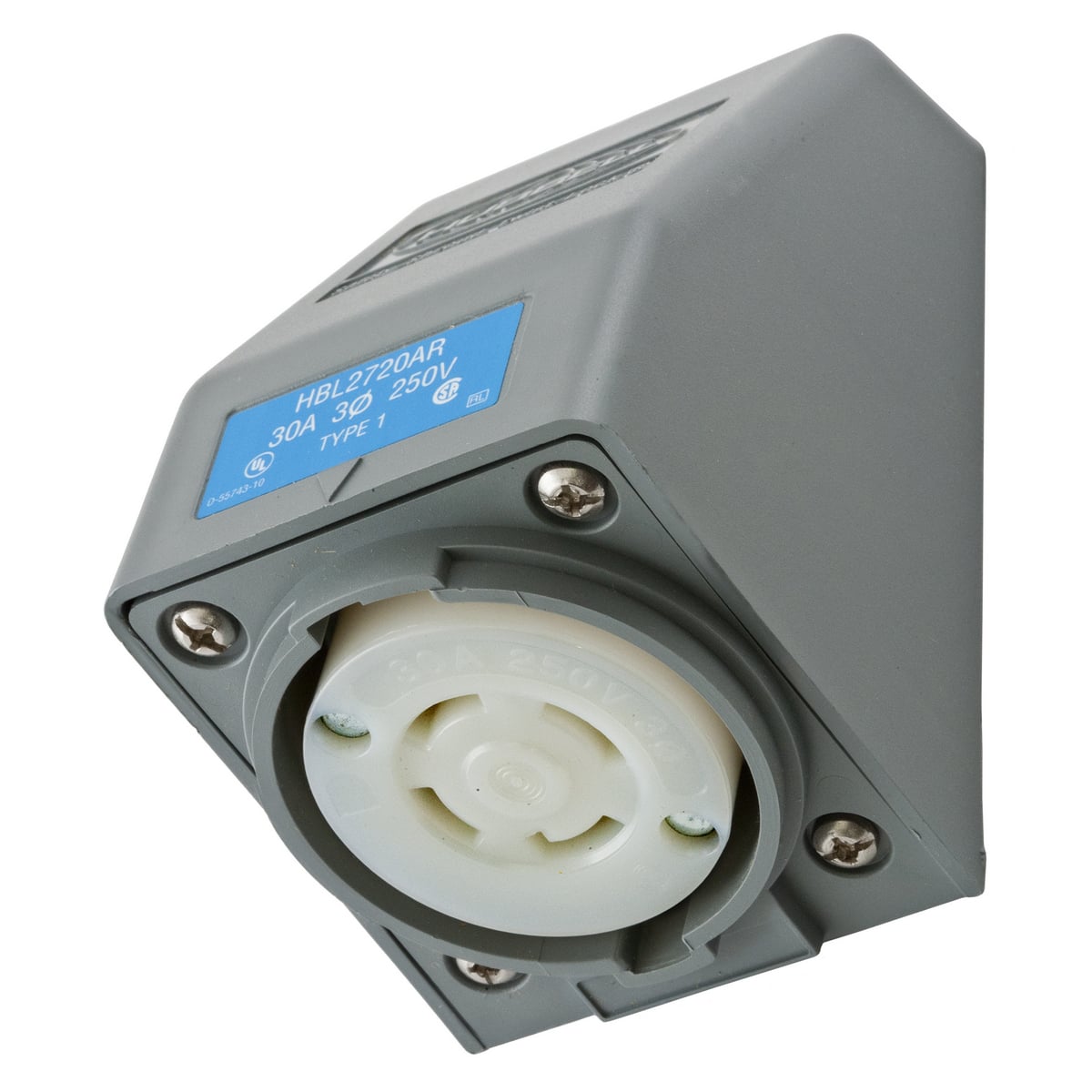 HBL2720AR 3-Phase 1-Gang Angled Grounding Heavy Duty Standard Single Screw Mount Locking Receptacle, 250 V AC, 30 A, 3 Poles, 4 Wires, Gray/White