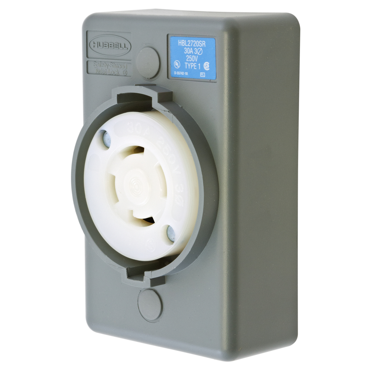 HBL2720SR 3-Phase 1-Gang Heavy Duty Grounding Standard Single Surface Mount Locking Receptacle, 250 V AC, 30 A, 3 Poles, 4 Wires, Gray/White