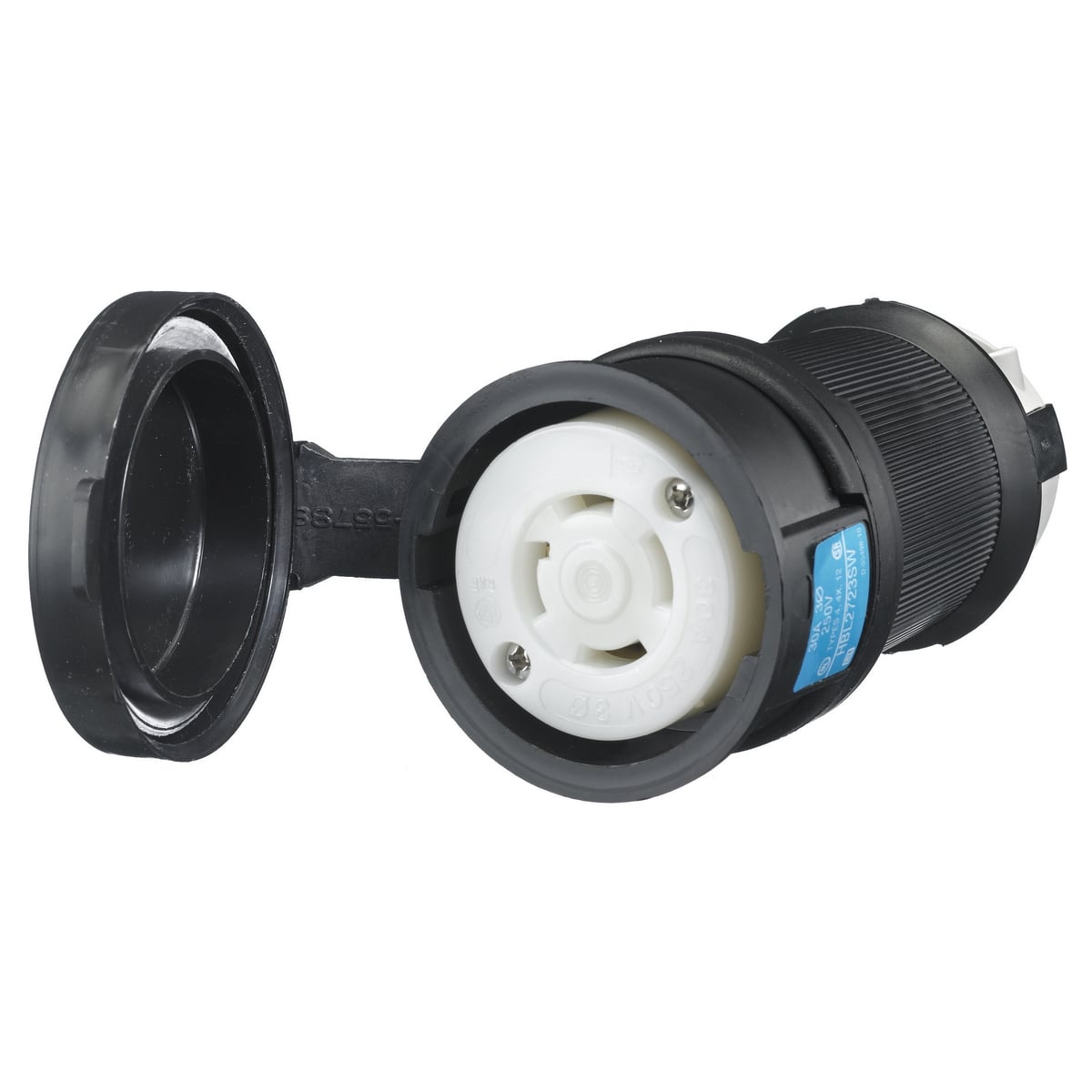 HBL2723SW Heavy Duty Grounding Cord Mount Watertight Locking Connector, 250 V AC, 30 A, 3 Poles, 4 Wires, Black/White