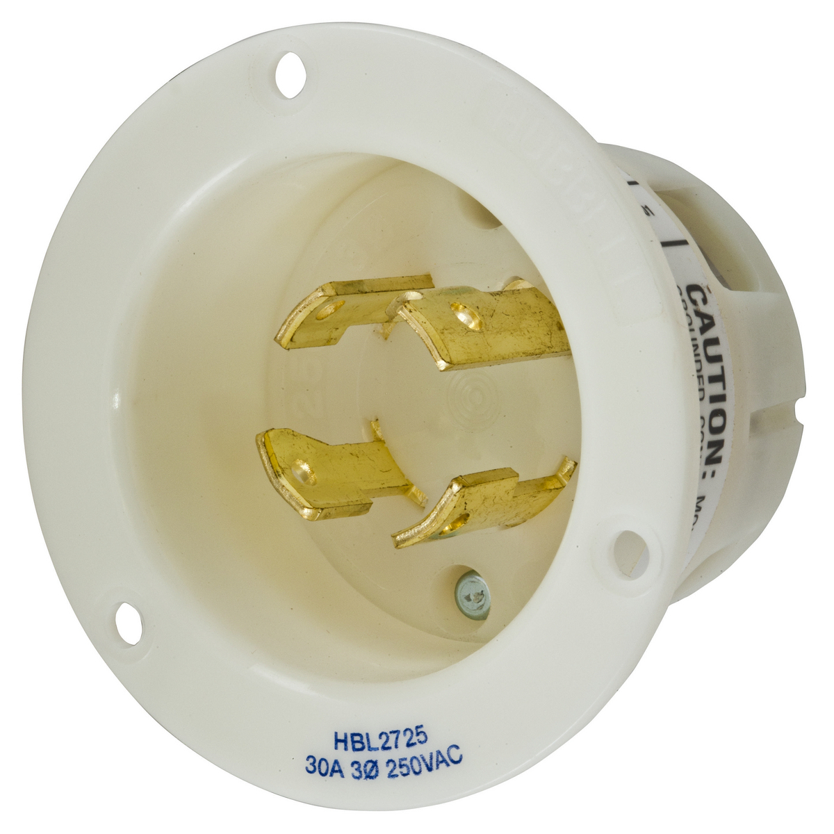 HBL2725 3-Phase Standard Screw Mount Flanged Inlet, 250 V AC, 30 A, 3 Poles, 4 Wires, White