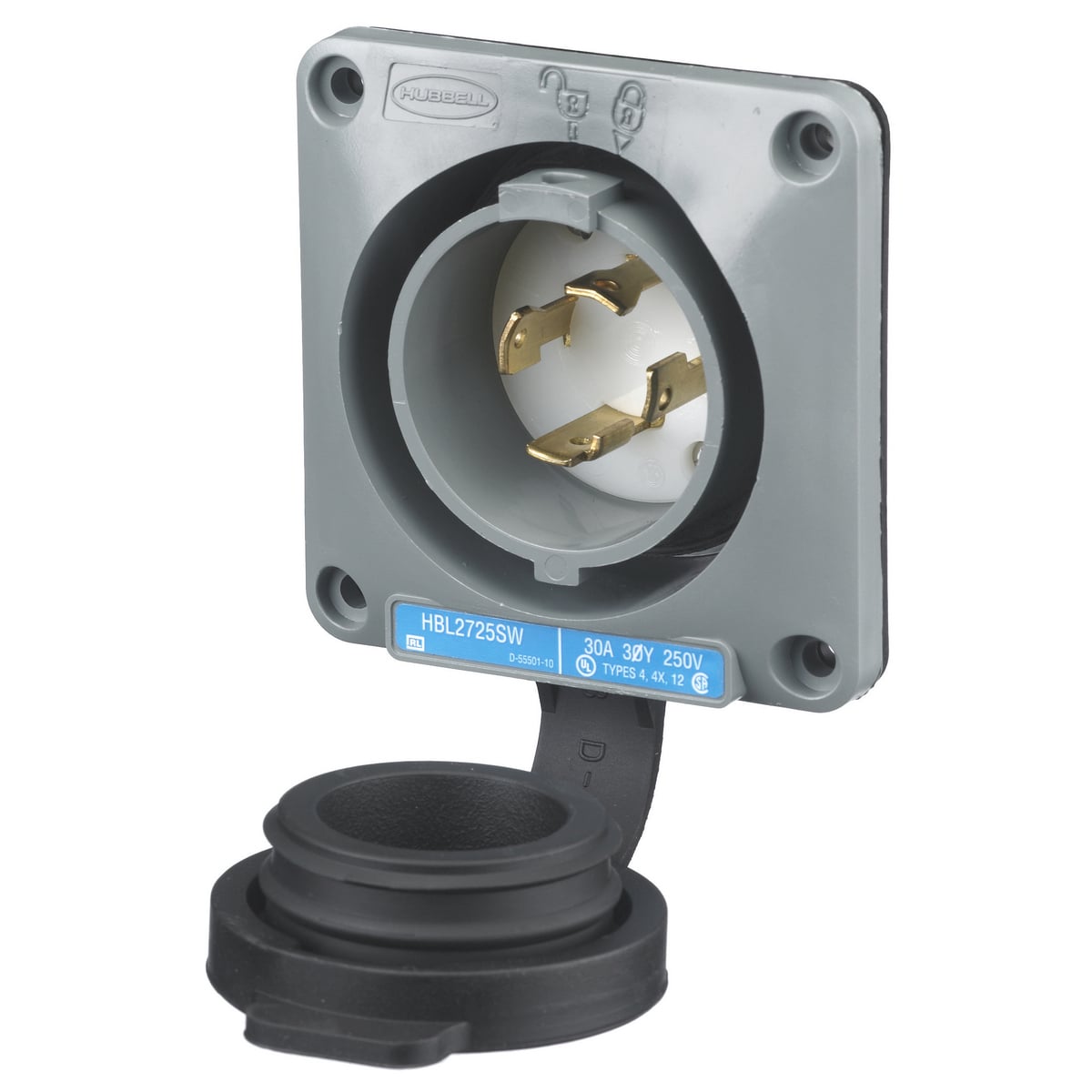 HBL2725SW HBL 3-Phase Extra Heavy Duty Grounding Screw Mount Watertight Locking Flanged Inlet, 250 V AC, 30 A, 3 Poles, 4 Wires, Gray