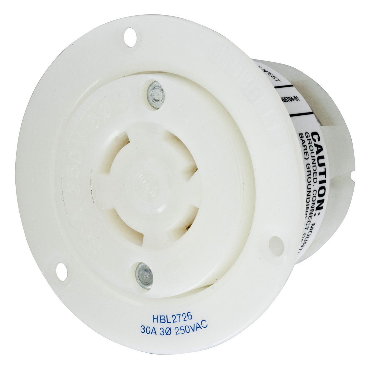 HBL2726 3-Phase Flanged Grounding Single Standard Screw Mount Locking Receptacle, 250 V AC, 30 A, 3 Poles, 4 Wires, White
