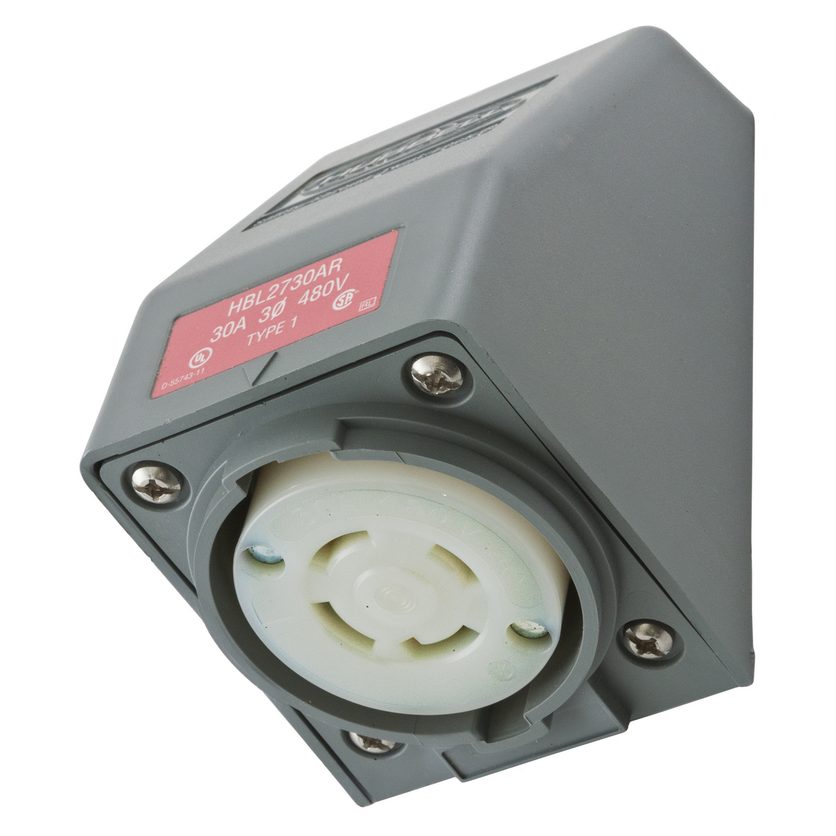HBL2730AR 3-Phase Heavy Duty Single Screw Mount Locking Receptacle, 480 V AC, 30 A, 3 Poles, 4 Wires, Gray/White