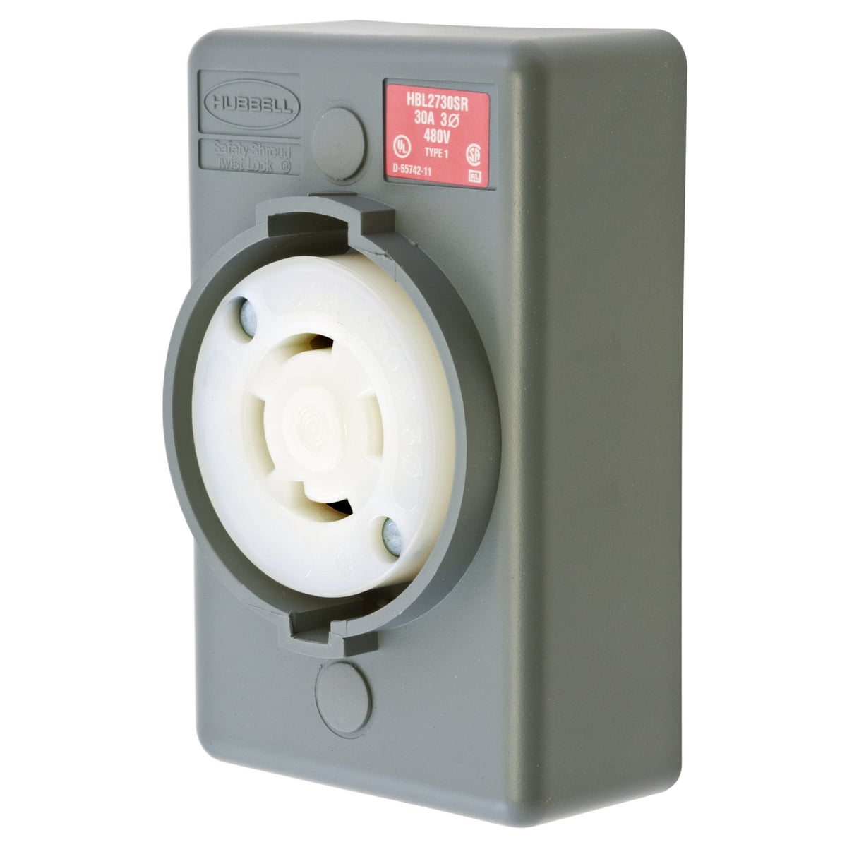 HBL2730SR 3-Phase 1-Gang Heavy Duty Grounding Standard Single Surface Mount Locking Receptacle, 30 A, 3 Poles, 4 Wires, Gray/White