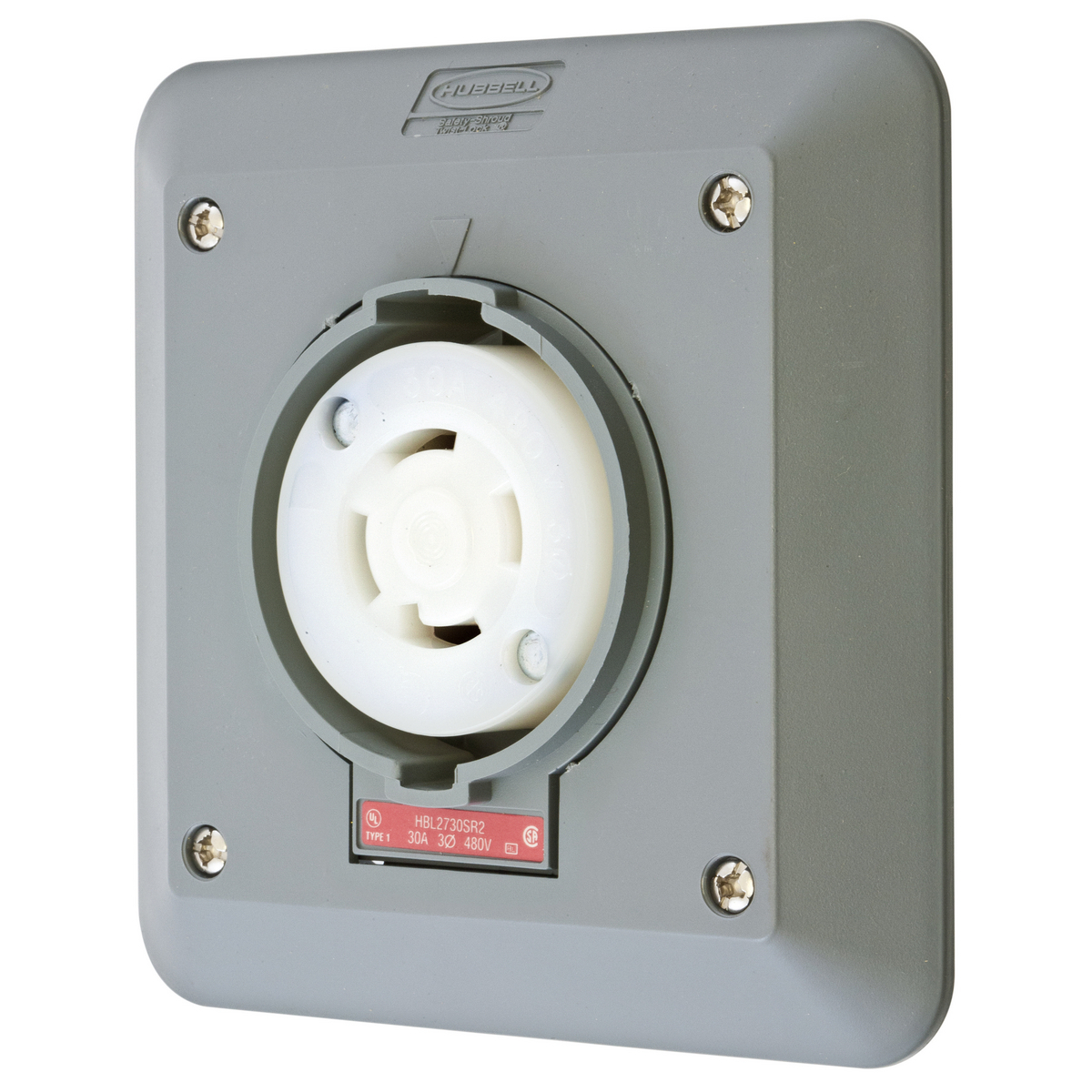 HBL2730SR2 3-Phase 2-Gang Heavy Duty Grounding Standard Single Semi-Flush Surface Mount Locking Receptacle, 480 V AC, 30 A, 3 Poles, 4 Wires, Gray/White