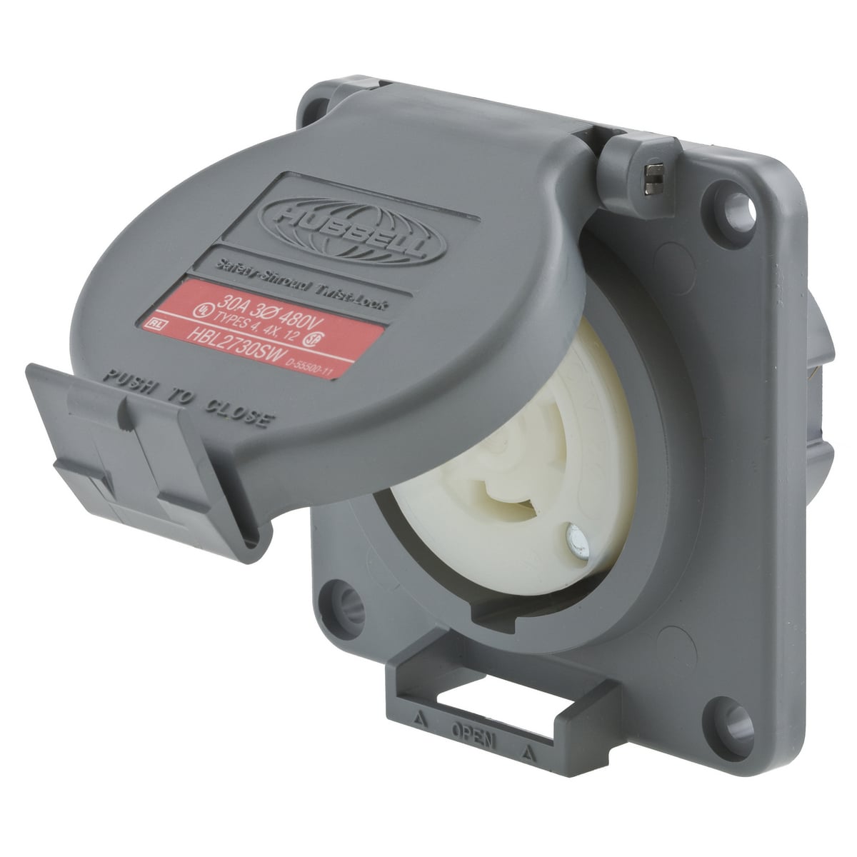 HBL2730SW 3-Phase Grounding Heavy Duty Watertight Single Screw Mount Locking Receptacle, 480 V AC, 30 A, 3 Poles, 4 Wires, Gray/White