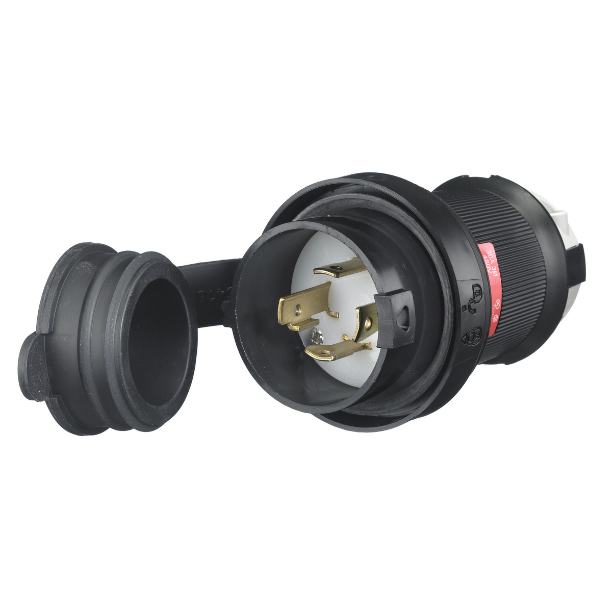 HBL2731SW HBL 3-Phase Grounding Male Standard Watertight Cord Mount Locking Plug, 480 V AC, 30 A, 3 Poles, 4 Wires, Black/White