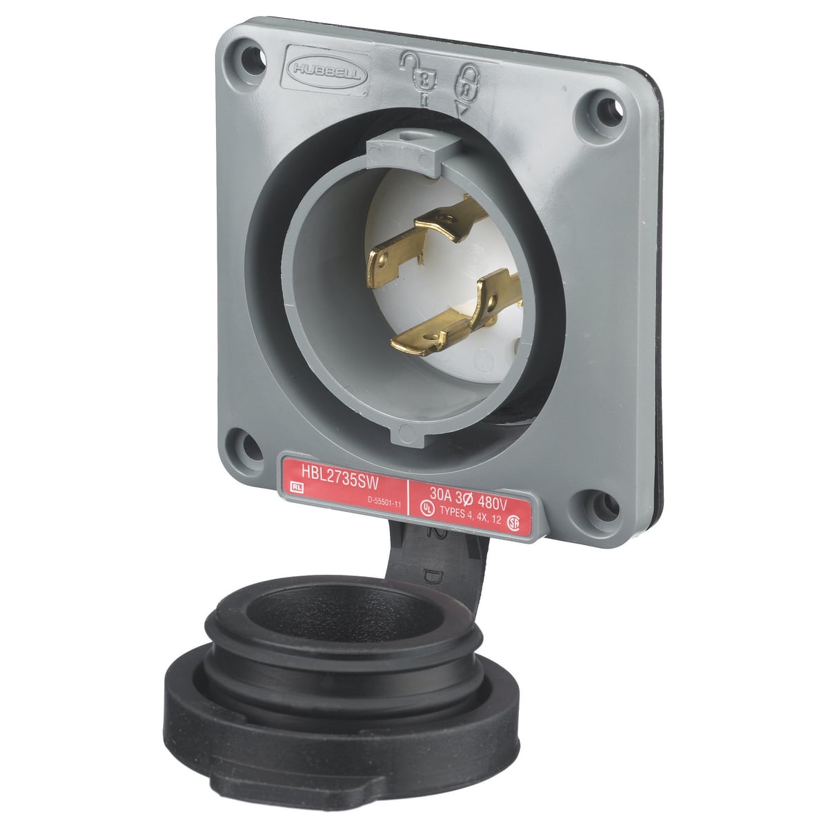 HBL2735SW 3-Phase Grounding Standard Single Shrouded Watertight Screw Mount Locking Flanged Inlet, 480 V AC, 30 A, 3 Poles, 4 Wires, Gray/White