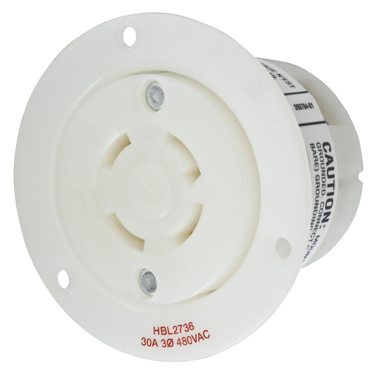 HBL2736 HBL 3-Phase Flanged Grounding Single Standard Screw Mount Locking Receptacle, 480 V AC, 30 A, 3 Poles, 4 Wires, White
