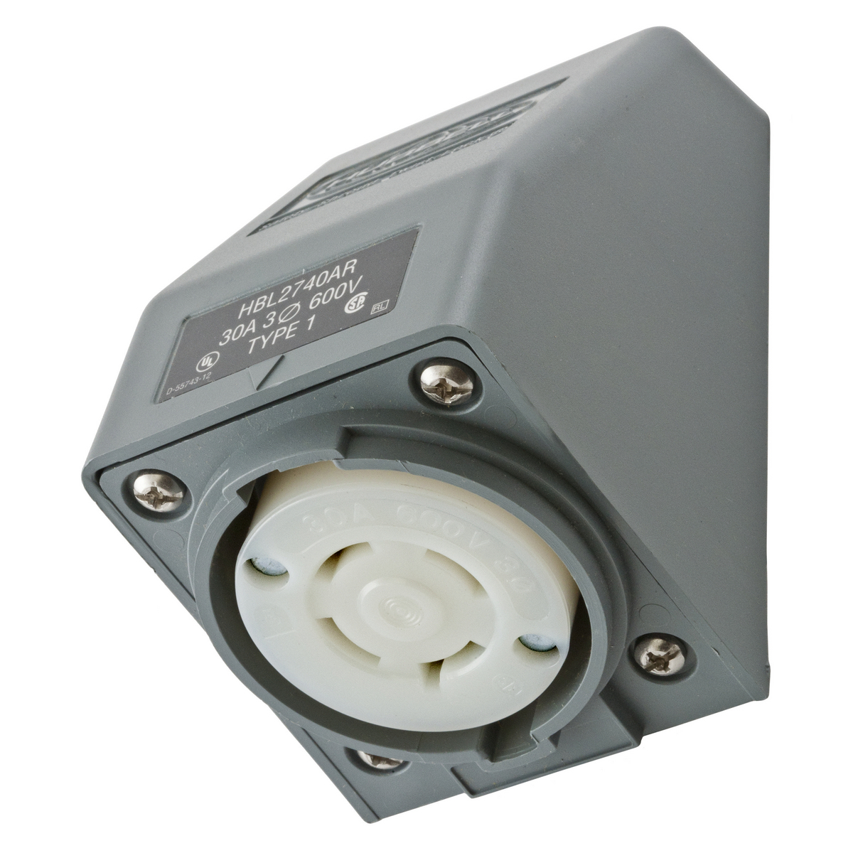 HBL2740AR 3-Phase Grounding Heavy Duty Single Screw Mount Locking Receptacle, 600 V AC, 30 A, 3 Poles, 4 Wires, Gray/White