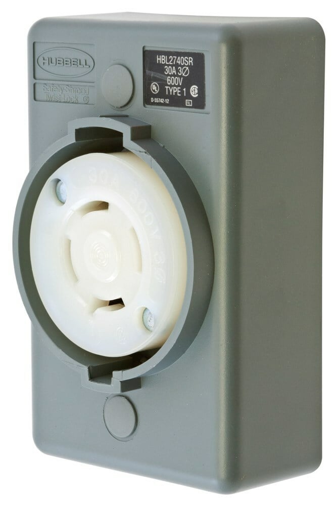 HBL2740SR 3-Phase 1-Gang Heavy Duty Grounding Standard Single Surface Mount Locking Receptacle, 600 V AC, 30 A, 3 Poles, 4 Wires, Gray/White