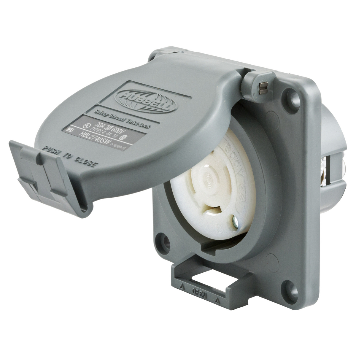HBL2740SW 3-Phase Heavy Duty Non-Grounding Watertight Screw Mount Locking Connector, 600 V AC, 30 A, 3 Poles, 4 Wires, Gray/White