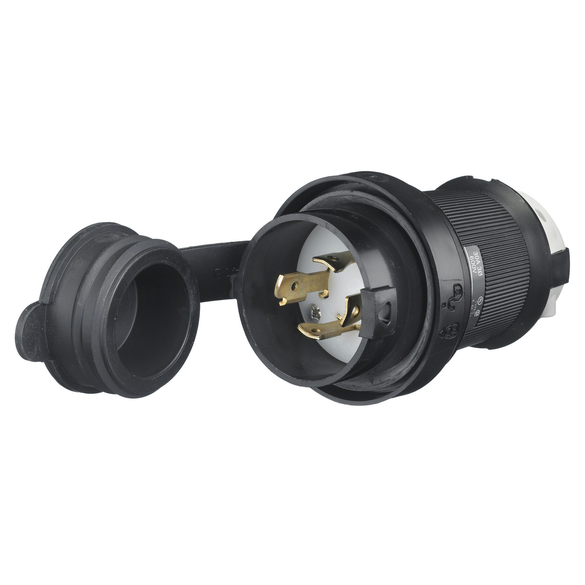 HBL2741SW HBL 3-Phase Grounding Watertight Cord Mount Locking Plug, 600 V AC, 30 A, 3 Poles, 4 Wires, Black/White