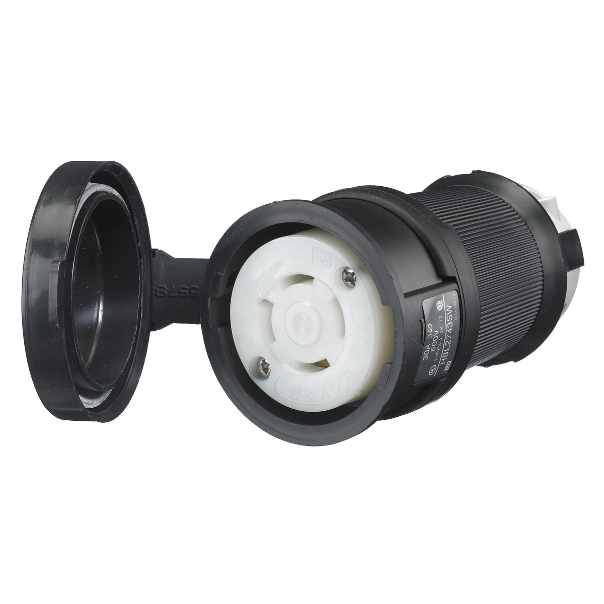 HBL2743SW Heavy Duty Watertight Cord Mount Locking Connector, 600 V AC, 30 A, 3 Poles, 4 Wires, Black/White