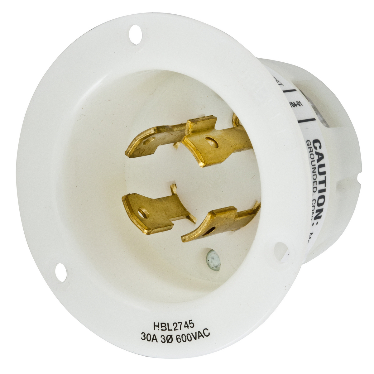 HBL2745 3-Phase Extra Heavy Duty Grounding Screw Mount Locking Flanged Inlet With Mounting Screw, 600 V AC, 30 A, 3 Poles, 4 Wires, White