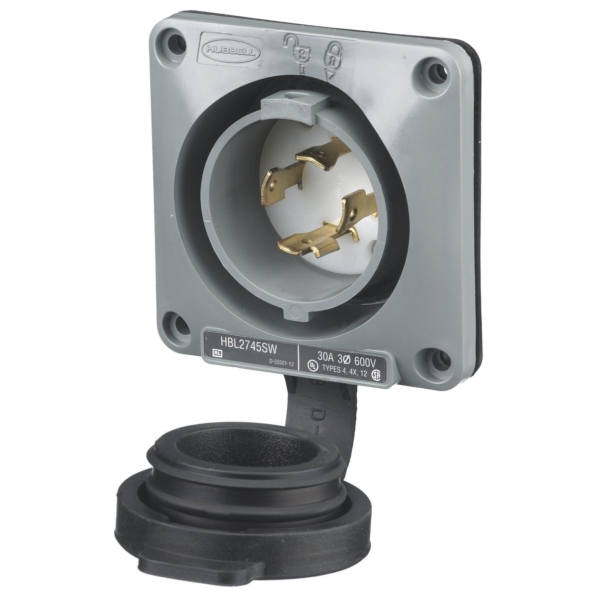HBL2745SW 3-Phase Extra Heavy Duty Grounding Screw Mount Watertight Locking Flanged Inlet, 600 V AC, 30 A, 3 Poles, 4 Wires, Gray/White