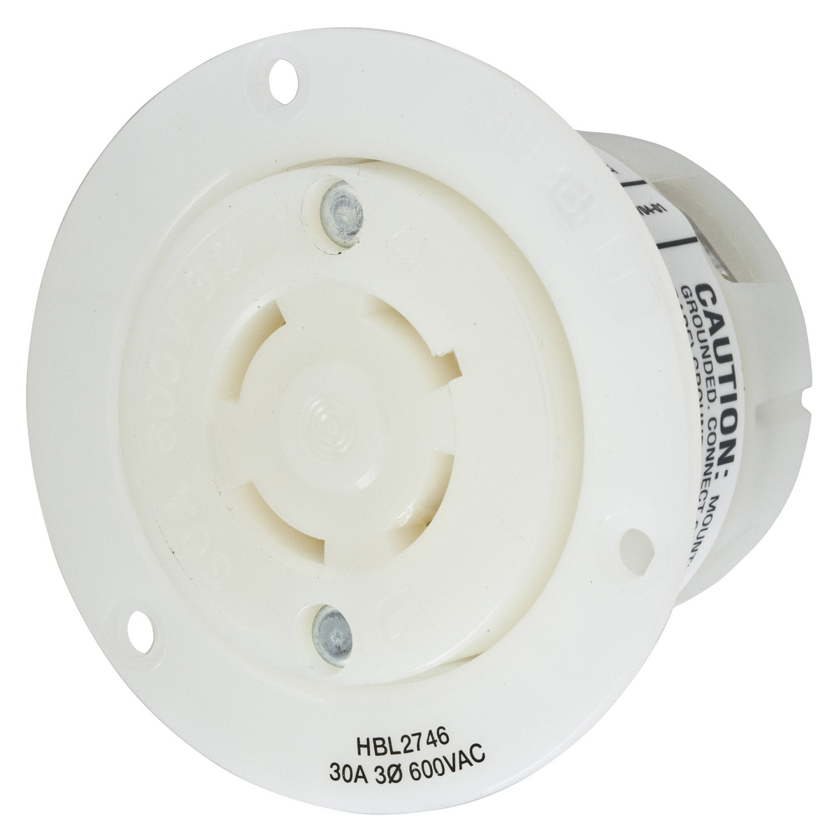 HBL2746 HBL 3-Phase Flanged Grounding Single Screw Mount Locking Receptacle, 600 V AC, 30 A, 3 Poles, 4 Wires, White