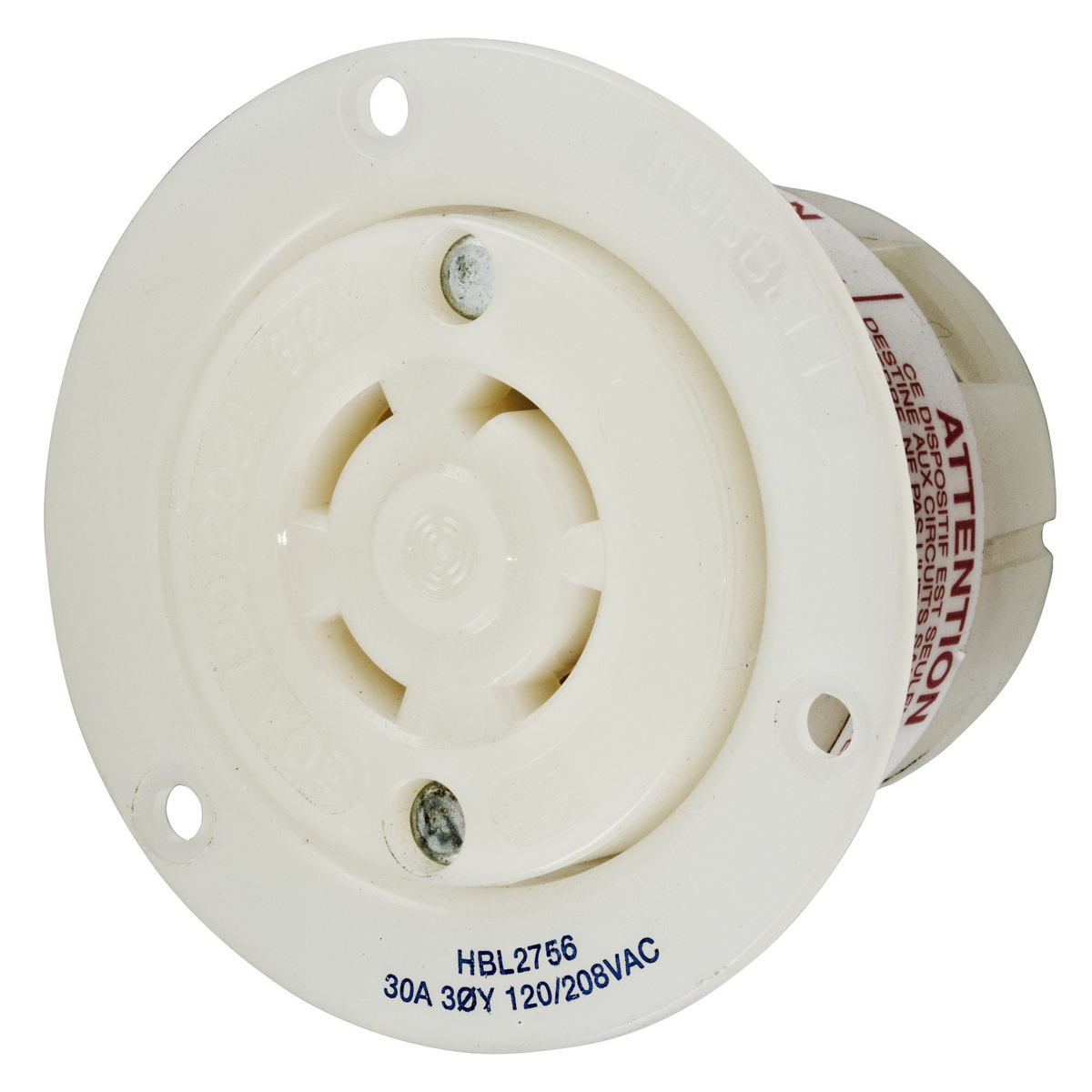 HBL2756 3-Phase Flanged Non-Grounding Standard Single Screw Mount Locking Receptacle, 120Y/208 V AC, 30 A, 4 Poles, 4 Wires, White
