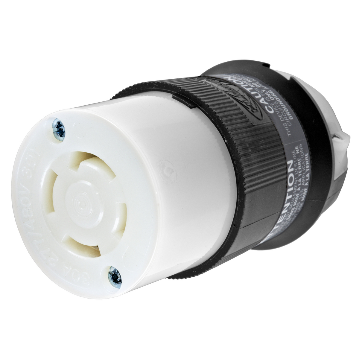 HBL2763 3-Phase Heavy Duty Isolated Non-Grounding Standard Sized Cord Mount Female Connector, 277Y/480 V AC, 30 A, 4 Poles, 4 Wires, Black/White