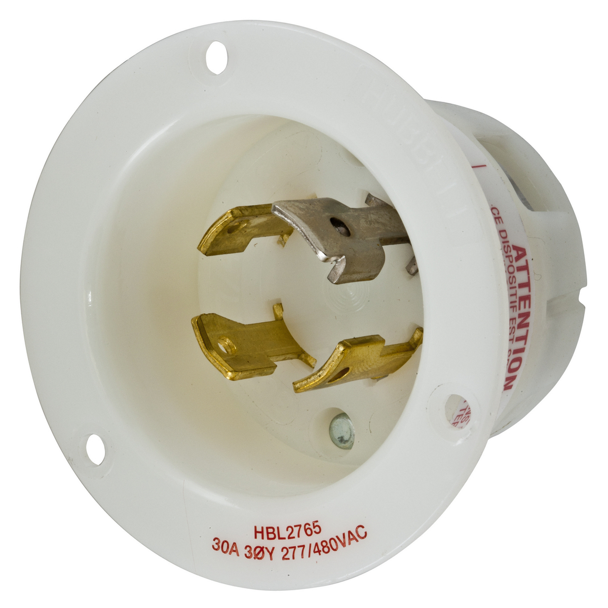 HBL2765 3-Phase Standard Screw Mount Flanged Inlet, 277/480 V AC, 30 A, 4 Poles, 4 Wires, White