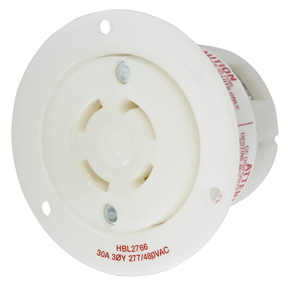 HBL2766 3-Phase Flanged Non-Grounding Standard Single Screw Mount Locking Receptacle, 30 A, 4 Poles, 4 Wires, White