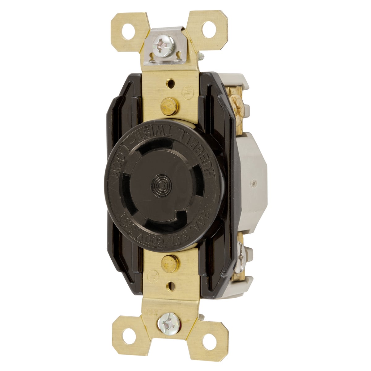 HBL2770 3-Phase Flush Mount Heavy Duty Non-Grounding Standard Single Screw Mount Locking Receptacle, 347Y/600 V AC, 30 A, 4 Poles, 4 Wires, Black
