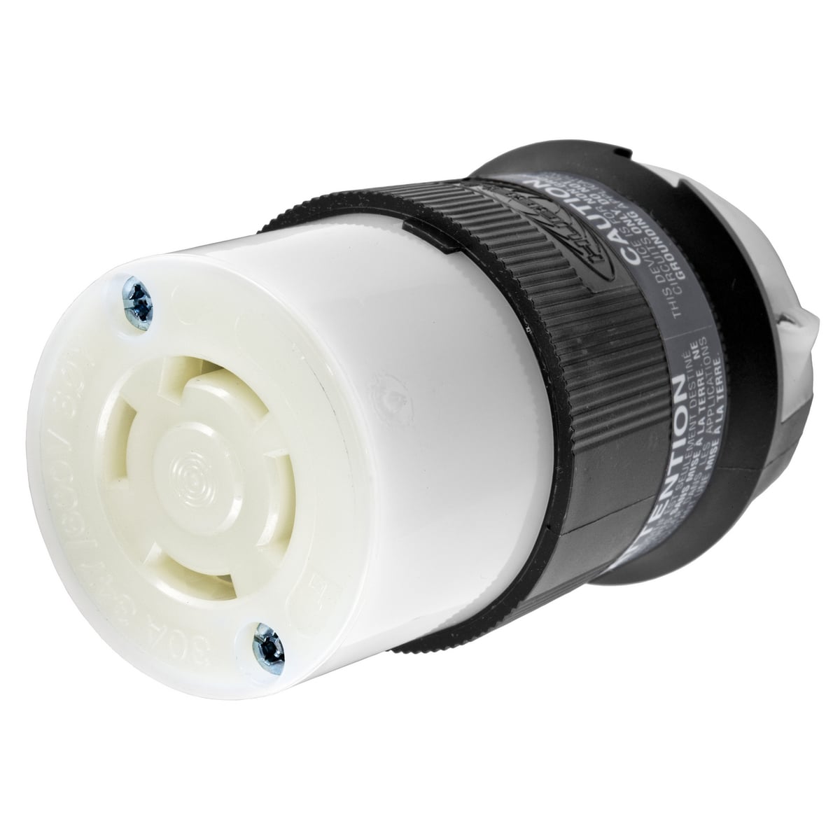 HBL2773 3-Phase Heavy Duty Isolated Non-Grounding Standard Sized Cord Mount Female Connector, 347Y/600 V AC, 30 A, 4 Poles, 4 Wires, Black/White