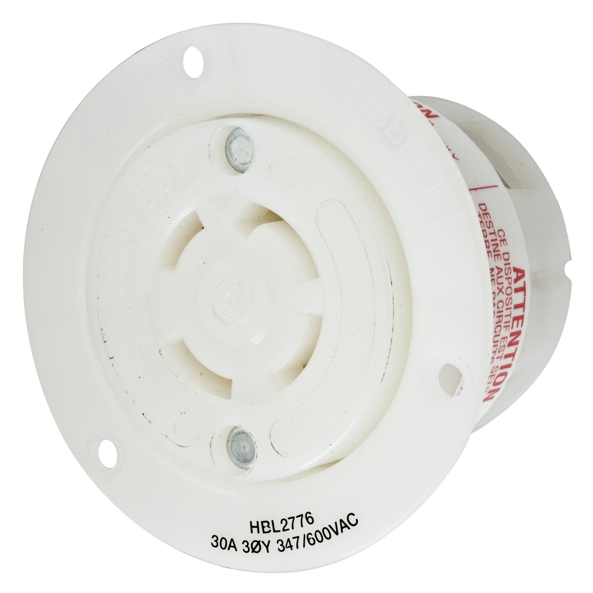 HBL2776 3-Phase Flanged Single Screw Mount Locking Receptacle, 347/600Y V AC, 30 A, 3 Poles, 4 Wires, White