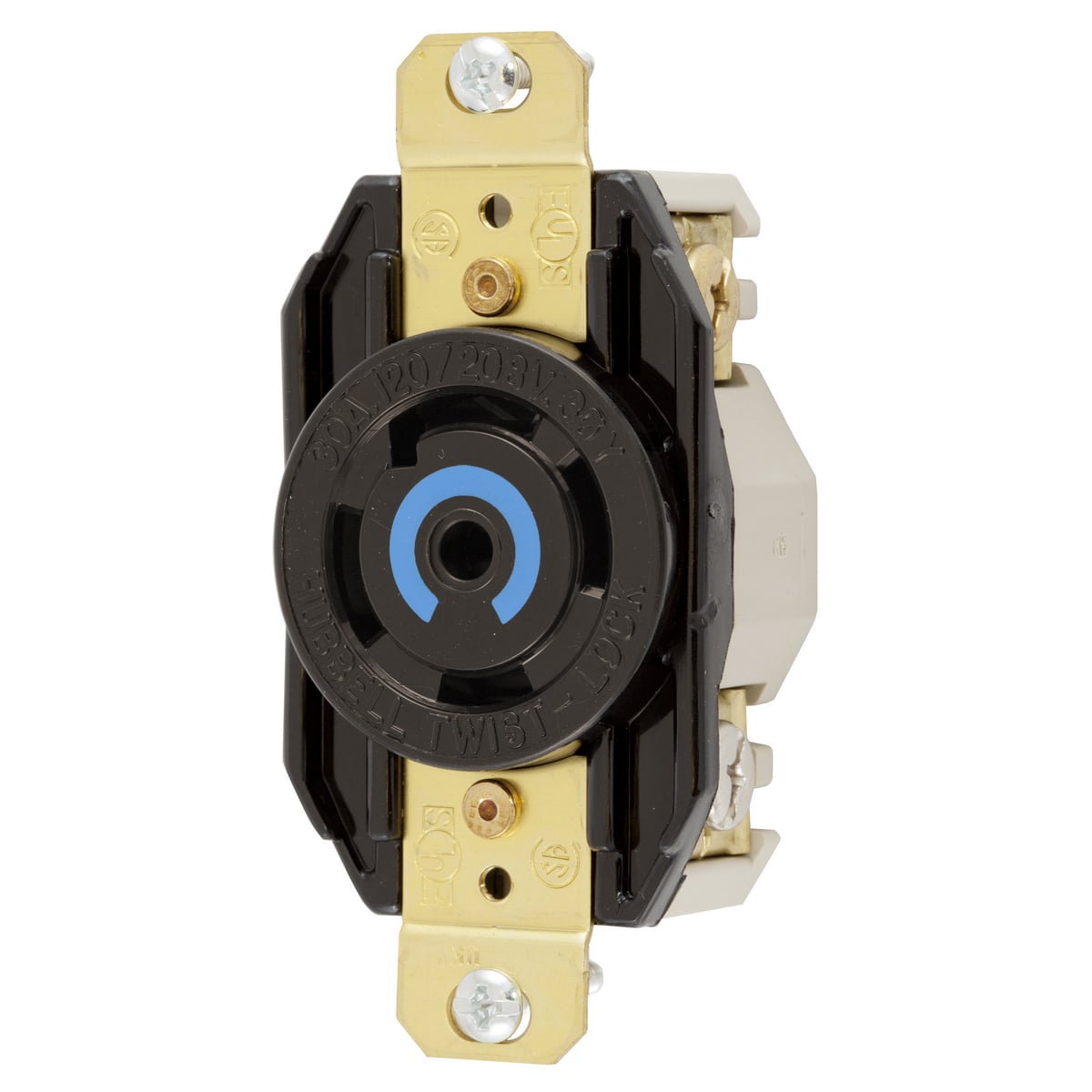 HBL2810 HBL 3-Phase Flush Mount Grounding Heavy Duty Single Screw Mount Locking Receptacle, 120/208Y V AC, 30 A, 4 Poles, 5 Wires, Black