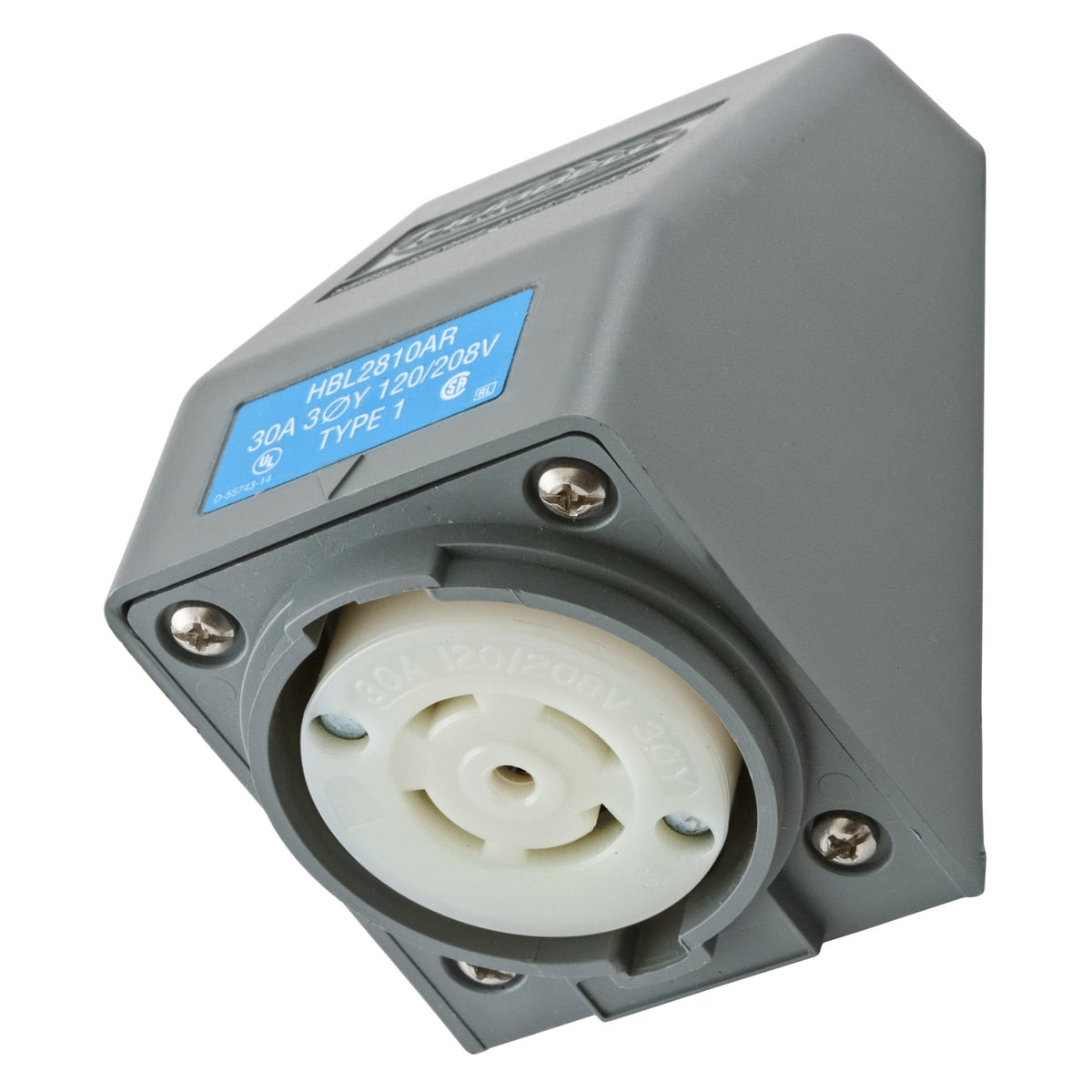 HBL2810AR 3-Phase 1-Gang Angled Grounding Heavy Duty Standard Single Screw Mount Locking Receptacle, 120Y/208 V AC, 30 A, 4 Poles, 5 Wires, Gray/White