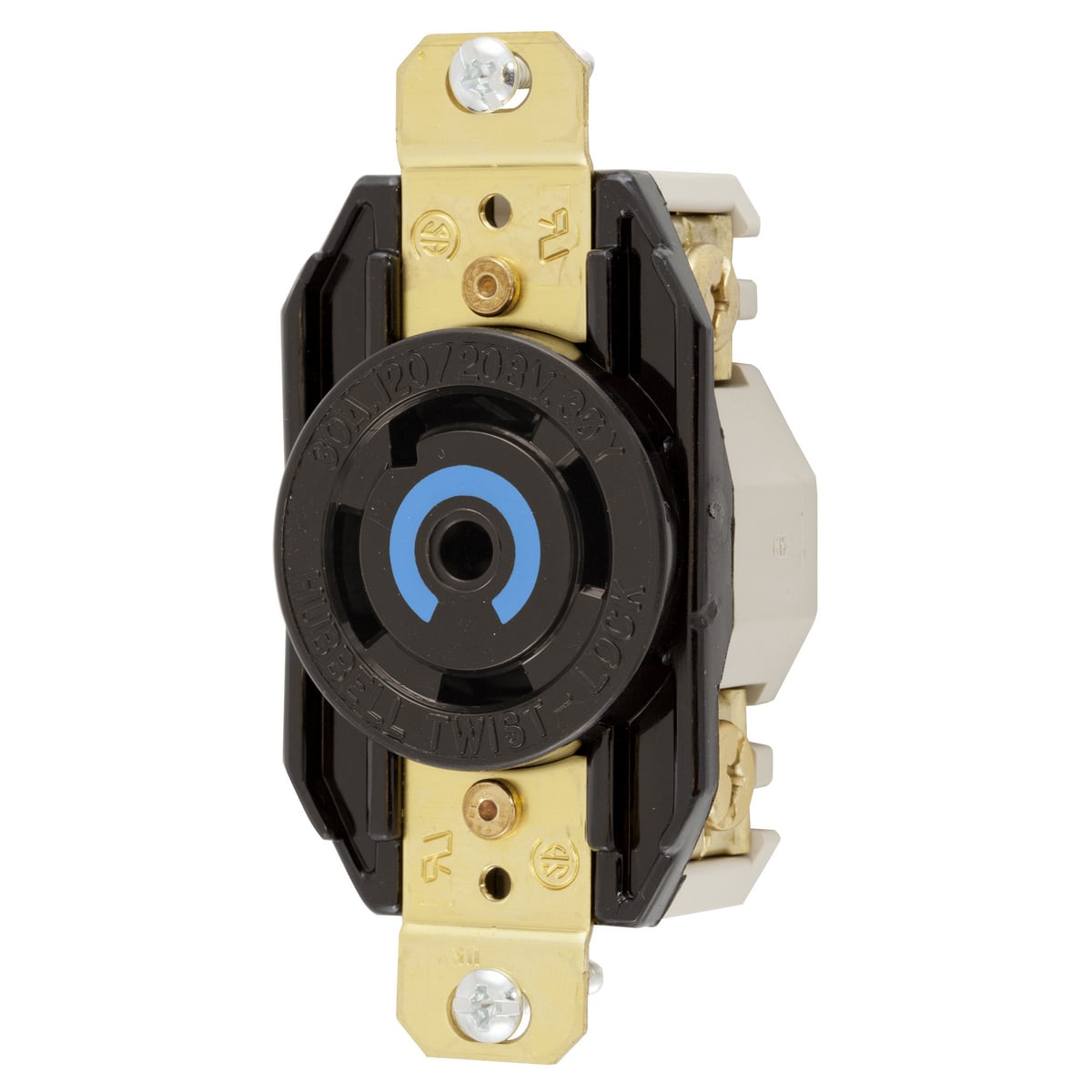 HBL2810RT 3-Phase Flush Mount Heavy Duty Grounding Standard Single Screw Mount Locking Receptacle, 120Y/208 V AC, 30 A, 4 Poles, 5 Wires, Black