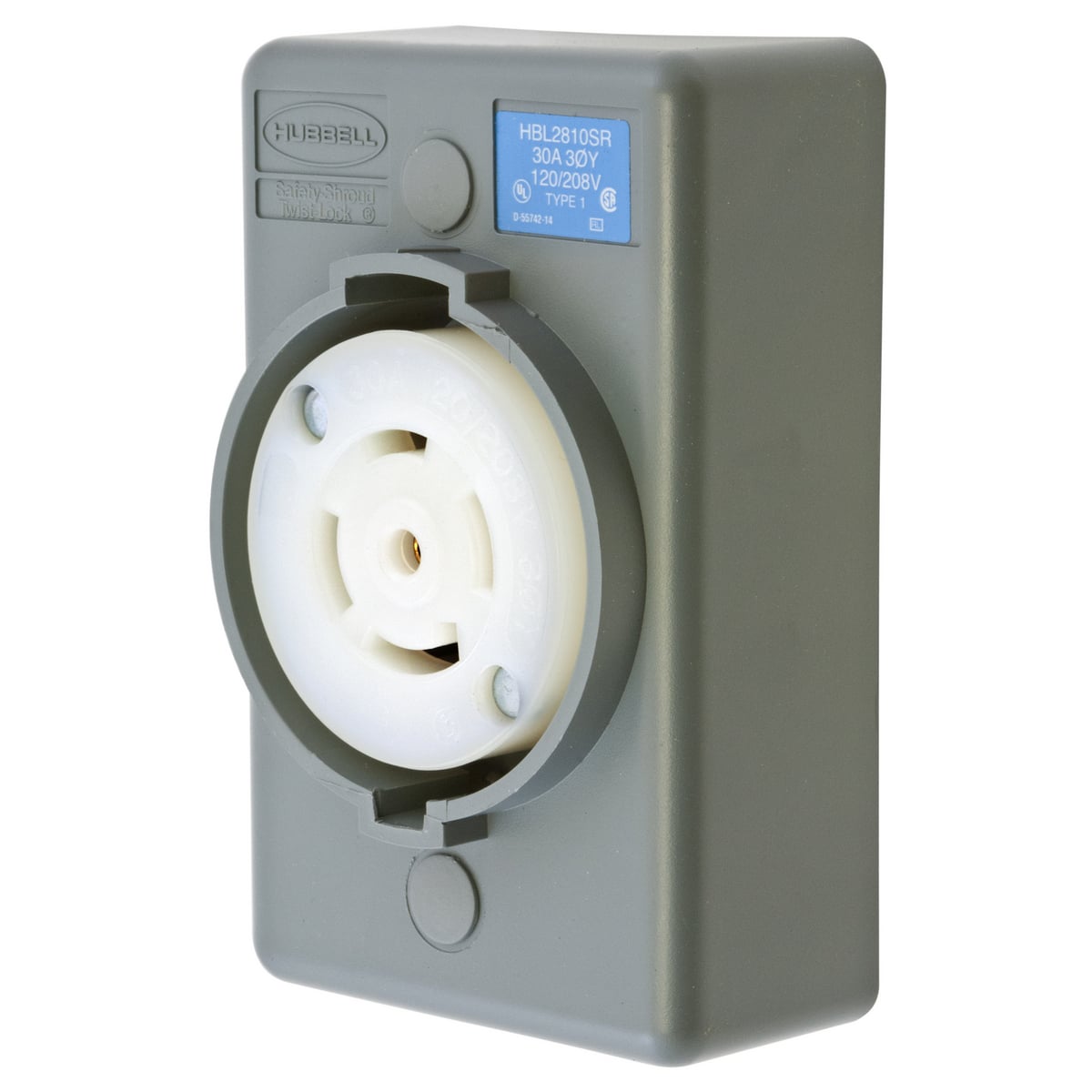 HBL2810SR 3-Phase 1-Gang Heavy Duty Grounding Standard Single Surface Mount Locking Receptacle, 120Y/208 V AC, 30 A, 4 Poles, 5 Wires, Gray/White