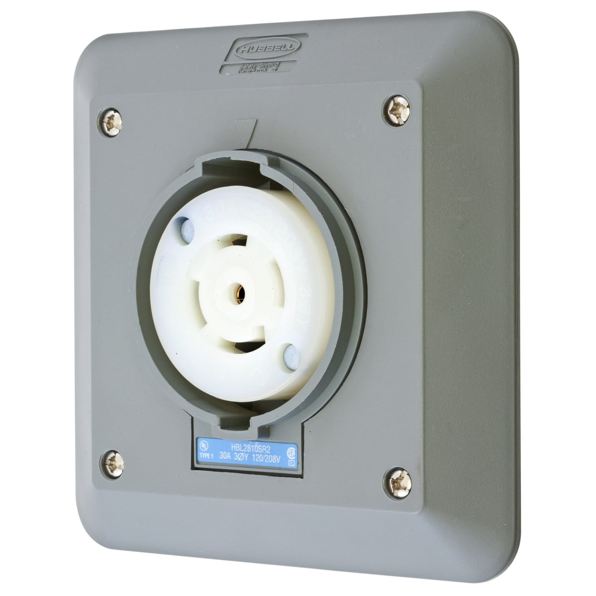 HBL2810SR2 3-Phase 2-Gang Heavy Duty Grounding Standard Single Semi-Flush Screw Mount Locking Receptacle, 120Y/208 V AC, 30 A, 4 Poles, 5 Wires, Gray/White