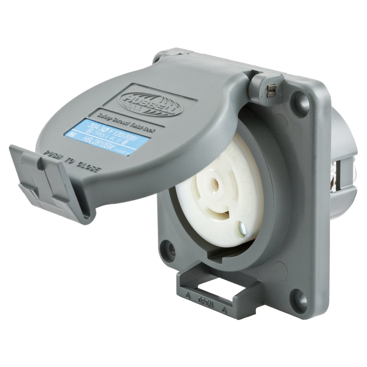 HBL2810SW 3-Phase Heavy Duty Flanged Grounding Standard Single Watertight Screw Mount Locking Receptacle, 120Y/208 V AC, 30 A, 4 Poles, 5 Wires, Gray/White