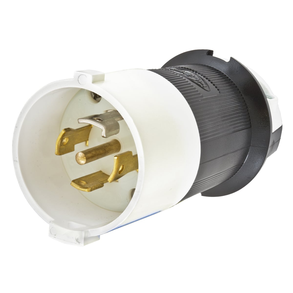 HBL2811S 3-Phase Grounding Male Shrouded Standard Cord Mount Locking Plug, 120/208 V AC, 30 A, 4 Poles, 5 Wires, Black/White