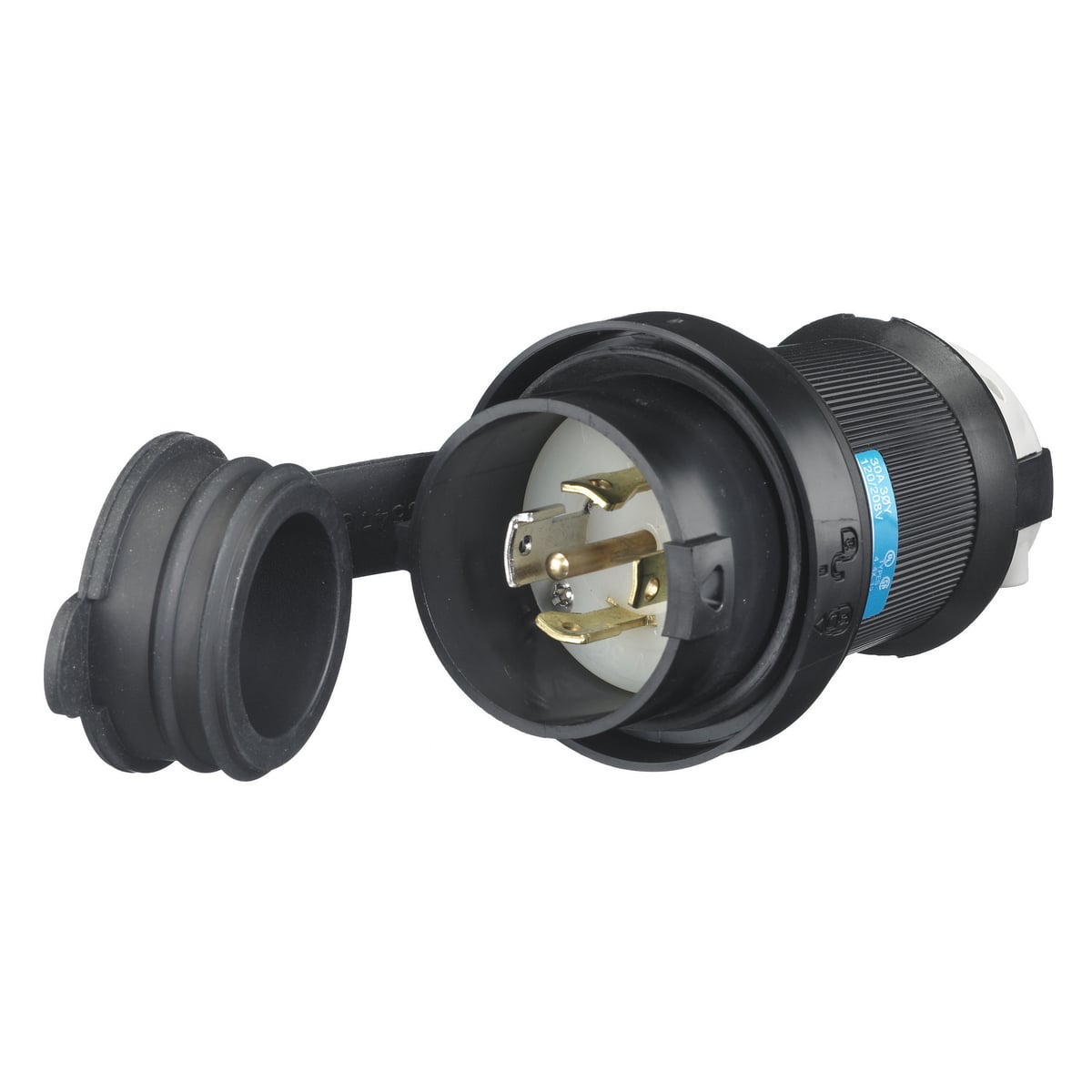 HBL2811SW 3-Phase Grounding Male Standard Watertight Cord Mount Locking Plug, 120/208 V AC, 30 A, 4 Poles, 5 Wires, Black/White