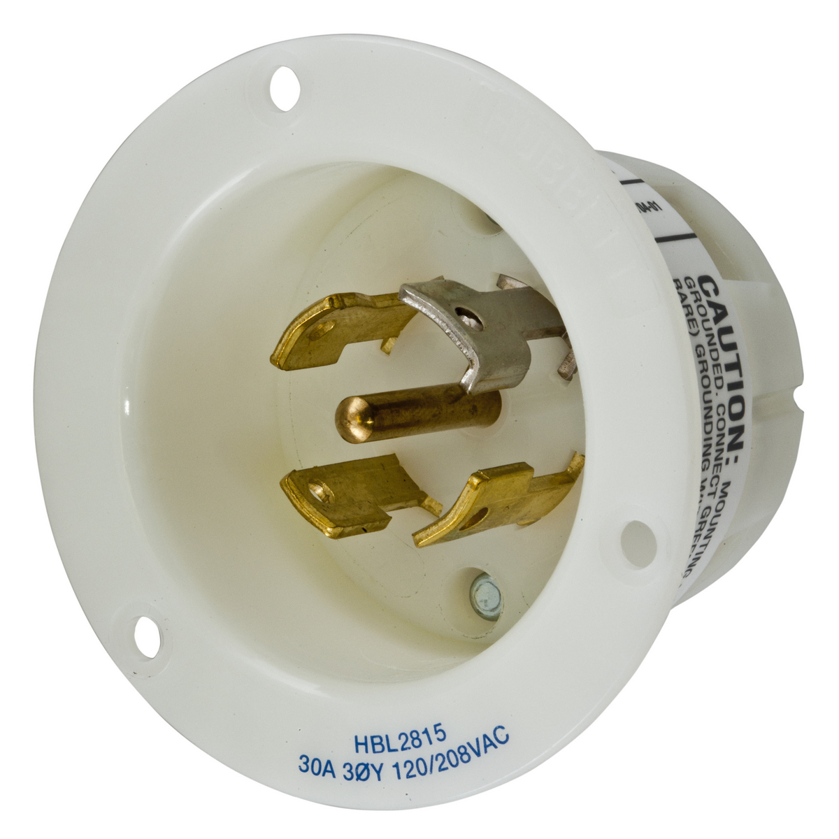 HBL2815 3-Phase Standard Screw Mount Flanged Inlet, 120/208 V AC, 30 A, 4 Poles, 5 Wires, White