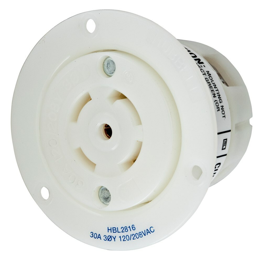 HBL2816 3-Phase Flanged Standard Single Screw Mount Locking Receptacle, 120Y/208 V AC, 30 A, 4 Poles, 5 Wires, White