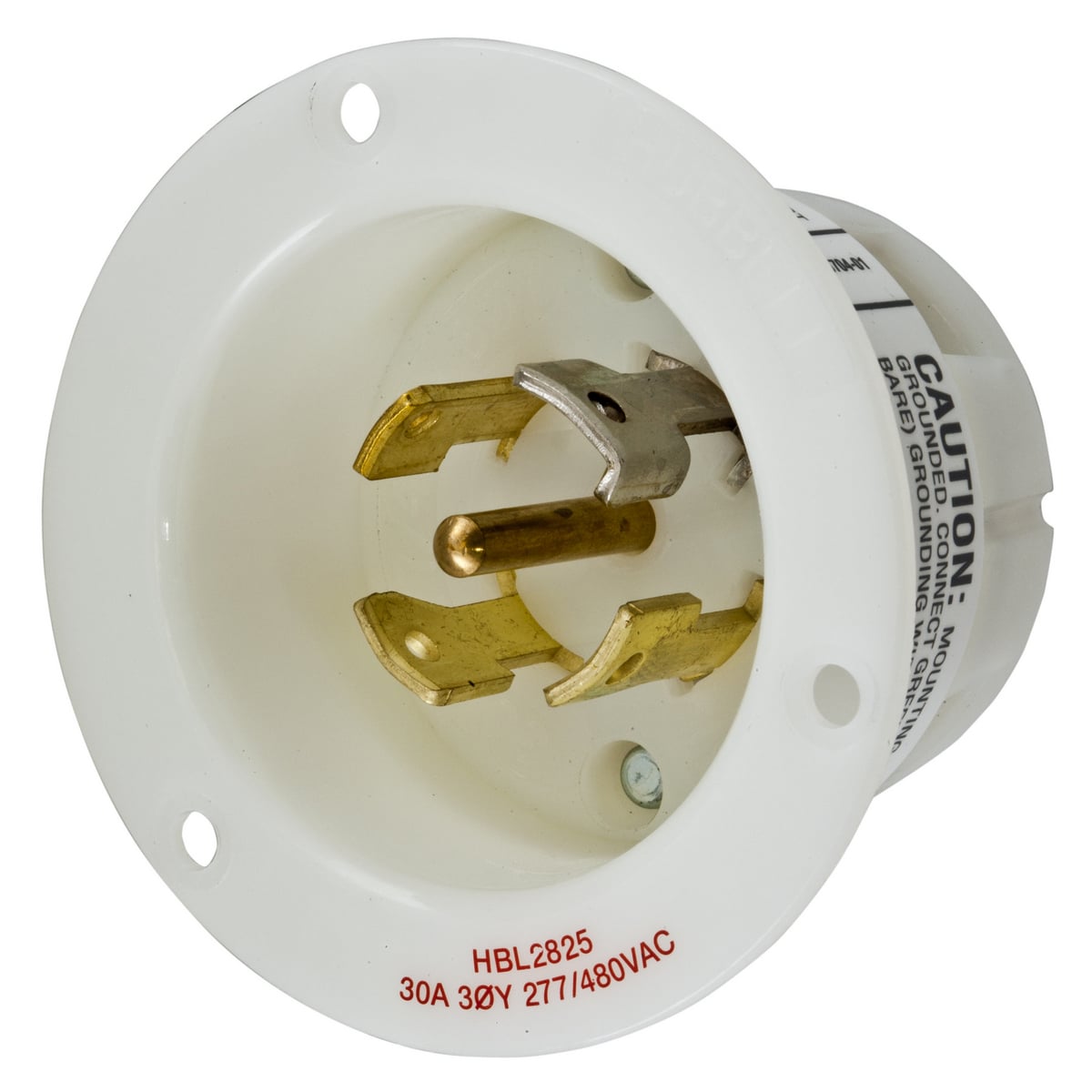 HBL2825 3-Phase Standard Screw Mount Flanged Inlet, 277/480 V AC, 30 A, 4 Poles, 5 Wires, White