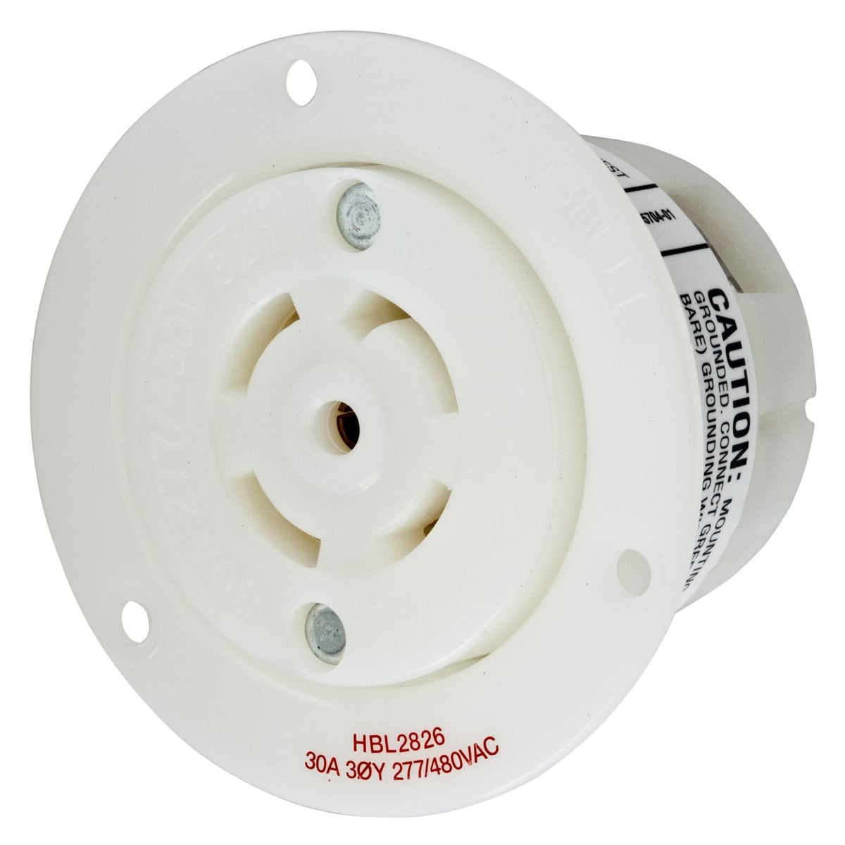 HBL2826 3-Phase Flanged Standard Single Screw Mount Locking Receptacle, 277Y/480 V AC, 30 A, 4 Poles, 5 Wires, White